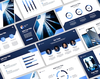 Puede incluir: Una plantilla de presentación azul y blanca con un fondo de ciudad. La plantilla incluye gráficos, tablas y cuadros de texto para presentar información empresarial. El texto "Agregar su título" aparece en varias diapositivas.