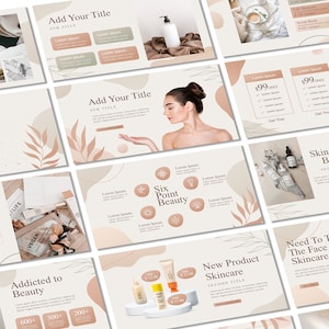Può includere: Un set di diapositive di presentazione per un marchio di bellezza con un design minimalista che presenta una donna con un'espressione neutra, una varietà di prodotti per la cura della pelle e testo che recita "Aggiungi il tuo titolo", "Bellezza a sei punti", "Nuovi prodotti per la cura della pelle" e "Bisogno di trattare la cura della pelle del viso".