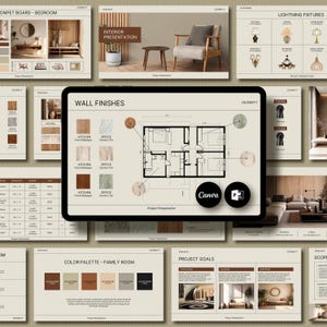 Plantilla de presentación de diseño de interiores / Canva y PowerPoint editables / Plantilla de proyecto de cliente / Moodboard y cronograma