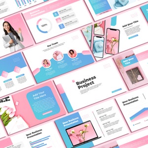 Puede incluir: Una plantilla de presentación de negocios rosa y azul con una variedad de diapositivas. Las diapositivas incluyen texto, imágenes y gráficos. El tema de la presentación es negocios e incluye las palabras "Presentación de negocios", "Proyecto de negocios" y "Nuestro equipo".
