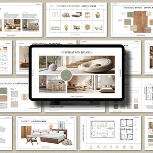Könnte beinhalten: Ein digitales Moodboard für Interior Design Inspiration. Das Board zeigt verschiedene Bilder, darunter ein Wohnzimmer mit einem großen, geschwungenen Sofa, eine Küche mit einer Arbeitsplatte aus Holz und ein Schlafzimmer mit einem Bett und einem Nachttisch. Das Board enthält auch eine Farbpalette, ein Materialboard und eine Möbelauswahl.