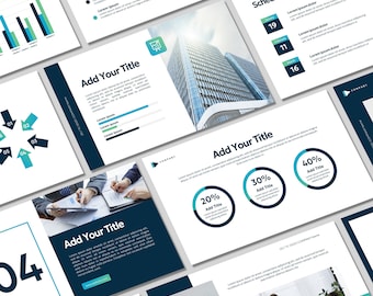 May include: A presentation slide deck with a blue and teal color scheme. The slides feature a variety of charts, graphs, and text. The text includes the words "Add Your Title" and "Schedule Workshop".
