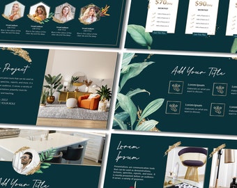 May include: A presentation template with a teal background and gold accents. The template features images of plants, furniture, and people. The text on the template includes the words "Team", "Project", "Lorem Ipsum", and "Add Your Title".