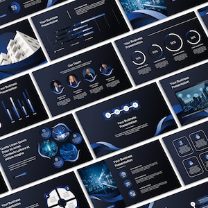 Puede incluir: Una plantilla de presentación con un esquema de color azul oscuro y negro. Las diapositivas presentan una variedad de gráficos, tablas e imágenes, incluyendo una ciudad, un edificio y un equipo de personas. El texto en las diapositivas incluye las palabras "Su Presentación de Negocios", "Nuestro Equipo", "SWOT" y "Cita Lorem Ipsum".