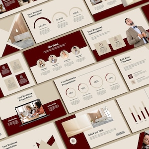 Könnte beinhalten: Eine Business-Präsentationsvorlage mit einem roten und beigen Farbschema. Die Folien zeigen Diagramme, Grafiken und Text. Der Text enthält die Wörter "Ihre Business-Präsentation", "Unser Team" und "Fügen Sie Ihren Titel hinzu".