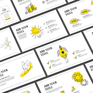 Könnte beinhalten: Ein Satz von neun Präsentationsfolien mit gelben und schwarzen Doodle-Illustrationen. Die Folien beinhalten eine Rakete, eine Glühbirne, ein Zahnrad, eine laufende Person, eine Person, die einen Graphen erklimmt, und einen Stapel Münzen. Jede Folie trägt den Text "Fügen Sie Ihren Titel hinzu" und Platz für zusätzlichen Text.
