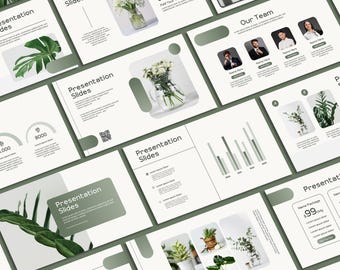 May include: A presentation template with a green and white color scheme. The template features a variety of slides with different layouts, including slides with text, images, charts, and graphs. The template also includes a slide with a QR code.