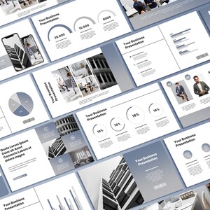 May include: A presentation template with a blue background and white text. The template includes a variety of charts, graphs, and images. The text on the slides includes "Your Business Presentation", "Quote Lorem Ipsum Dolor Sit Amet Consectu Labore et dolore magna", "16%", "70%", "28,000", "10,000", and "8,000".