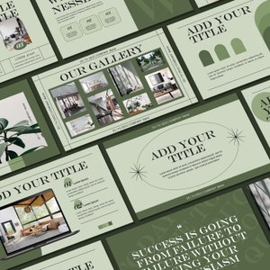 Puede incluir: Una plantilla de presentación con un esquema de color verde y blanco. La plantilla presenta una variedad de diapositivas con diferentes diseños, incluida una diapositiva de título, una diapositiva con una galería de imágenes y una diapositiva con una cita. El texto en las diapositivas está en negrita, fuente sin serifas.