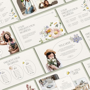 May include: A presentation template featuring a floral design. The template includes a title slide, a slide with pricing information, and a slide with a title and text. The template is designed for business presentations.