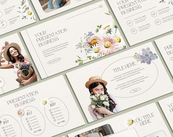 May include: A presentation template featuring a floral design. The template includes a title slide, a slide with pricing information, and a slide with a title and text. The template is designed for business presentations.