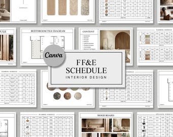 May include: A collection of interior design documents, including material boards, paint schedules, and mood boards. The central document reads "FF&E SCHEDULE INTERIOR DESIGN". The documents are arranged on a white background.