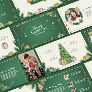 May include: A festive Christmas-themed presentation template with a green and gold color scheme. The design includes Christmas tree illustrations, ornaments, gift boxes, and the text "Merry Christmas And Happy New Year".