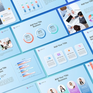 May include: A presentation slide with a blue background and colourful charts and graphs. The slide includes the text "Add Your Title Business" and percentages such as 20%, 30%, and 40%.