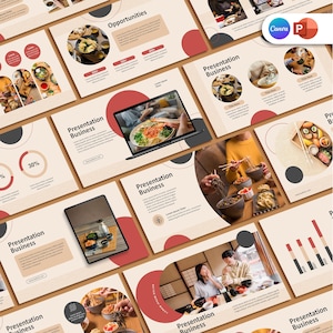 Puede incluir: Una plantilla de presentación con un tema japonés. Las diapositivas presentan imágenes de comida japonesa, como ramen y sushi, y utilizan una combinación de colores rojo, negro y blanco. El texto en las diapositivas incluye las palabras "Presentación Business" y "Oportunidades".