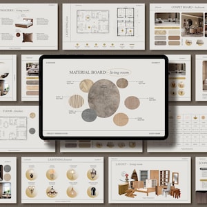 May include: A presentation board for a living room design project. The board includes a material board with different wood and fabric samples, a floor plan, a lighting plan, and a layout of the room. The board is designed in a minimalist style with a neutral color palette.