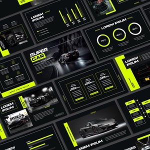 Puede incluir: Un conjunto de diapositivas de presentación con un esquema de color negro y verde neón. Las diapositivas presentan imágenes de coches deportivos de lujo y texto sobre supercoches. El texto incluye las palabras "Super Car" y "Lorem Ipsum".