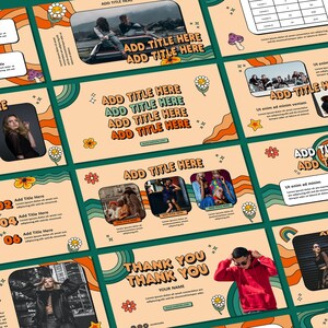May include: A presentation template with a retro 70s theme. The slides feature colorful wavy lines, flowers, and stars. The text on the slides includes "Add Title Here" and "Thank You".