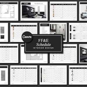 May include: A black and white interior design schedule with a floor plan, a 3D rendering of a living room, and several tables listing different items and their quantities. The tables include categories such as paint, flooring, decoration, plumbing, cabinets, and appliances. The text "FF&E Schedule Interior Design" is at the center of the page.