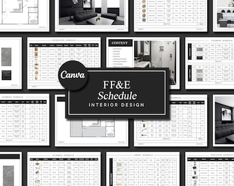 May include: A black and white interior design schedule with a floor plan, a 3D rendering of a living room, and several tables listing different items and their quantities. The tables include categories such as paint, flooring, decoration, plumbing, cabinets, and appliances. The text "FF&E Schedule Interior Design" is at the center of the page.
