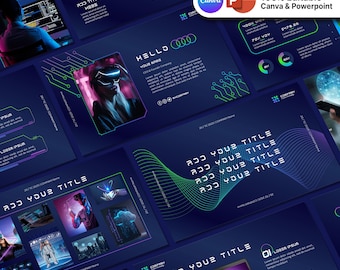 May include: A presentation template with a blue background and neon green and blue lines. The template features a variety of images related to technology and virtual reality. The text "Add Your Title" appears multiple times on the slides. The text "100% Editable Canva & Powerpoint" appears in the top right corner of the slide.