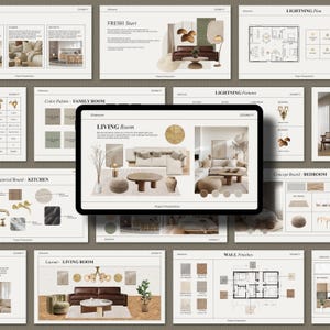 Puede incluir: Un tablero de presentación digital para diseño de interiores que presenta una disposición de sala de estar con un sofá de cuero marrón, un sillón verde, una mesa de café y una planta en maceta. El tablero también incluye una paleta de colores, un tablero de materiales, un plan de iluminación y acabados de pared.