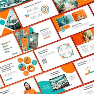 May include: A series of business presentation slides with an orange background. The slides feature teal and white graphics, charts, and images. Some slides include the text "Your Business Presentation" and "Add Your Title".