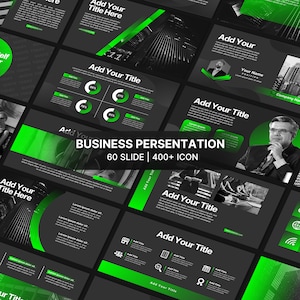 May include: A black and green business presentation template with the text "BUSINESS PERSENTATION 60 SLIDE | 400+ ICON" in white. The template features a variety of charts, graphs, and icons.
