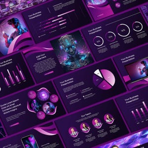 May include: A purple and black business presentation template with a futuristic theme. The slides feature charts, graphs, and images of technology, including a robot and a person wearing virtual reality glasses. The text on the slides includes "Your Business Presentation", "Add Your Title Here", and "Our Team".