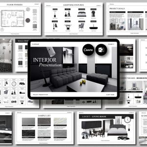 Plantilla de presentación de diseño de interiores minimalista: plantilla de proyecto para cliente, tablero de ideas y cronograma, editable en Canva y PowerPoint