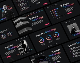 May include: A presentation slide deck with a black background and colourful text and graphics. The text on the slides reads "Business Technology".