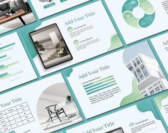 May include: A presentation slide with a teal and white color scheme. The slide features a variety of images, including a building, a chair, a table, and a plant. The slide also includes text, such as "Add Your Title" and "Lorem Ipsum".