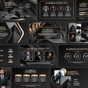 Peut inclure: Un modèle de présentation d'entreprise noir et or avec une variété de diapositives. Les diapositives présentent du texte, des images et des graphiques. Le thème est moderne et professionnel.