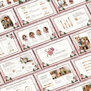 May include: A pink and white presentation template with a marble background and gold accents. The template features floral illustrations and text that says "Business Marketing", "Our Team", "SWOT Analysis", and "Lorem Ipsum".