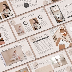 May include: A presentation slide with a beige background and a floral design. The slide has the text "Add Your Title" and "Sub Title" in a bold, sans-serif font. The slide also includes a table with the headings "Name Item", "Qty", and "Price".