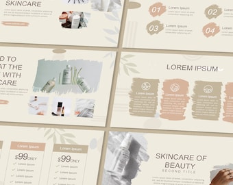May include: A presentation slide with a beige background and a light brown border. The slide features a product image of skincare products, a title that reads "New Product Skincare", and a section titled "Content" with four numbered points. The slide also includes a section titled "Lorem Ipsum" with four icons and text. The bottom of the slide features a section titled "Skincare of Beauty" with a second title that reads "Second Title".