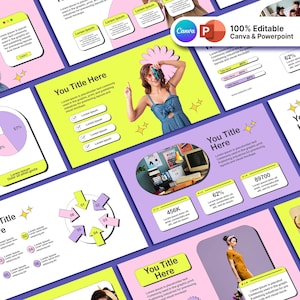 Puede incluir: Una plantilla de presentación con un esquema de color rosa y amarillo. La plantilla presenta una variedad de elementos de diseño, incluidos gráficos, tablas y cuadros de texto. El texto "You Title Here" aparece en varias diapositivas. La plantilla es 100% editable en Canva y PowerPoint.