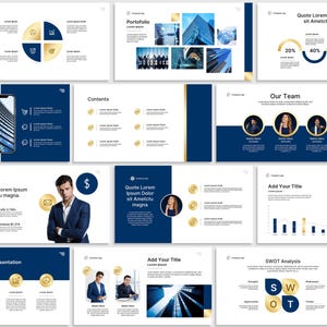 May include: A set of business presentation slides in blue and gold. The slides feature charts, graphs, and text, alongside images of buildings and people. The presentation covers topics such as portfolio, team, and SWOT analysis.