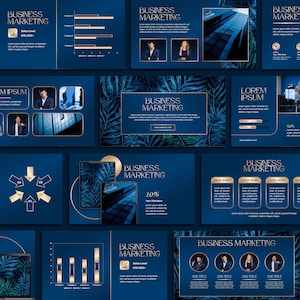 May include: A presentation slide deck with a blue background and gold accents. The slides feature text about business marketing, sales levels, and a 10% discount. The slides also include images of people, buildings, and tropical leaves.