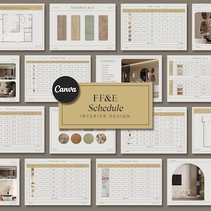 May include: A digital document with a beige background and a title that reads "FF&E Schedule Interior Design". The document is divided into sections with headings such as "Material Board", "Paint", "Tile", "Lighting", "Content", "Flooring", "Decorations", and "Countertop". Each section contains a table with columns for "Design", "Product", "Long Description", "Quantity", "Unit Price", and "Total". The document also includes images of various materials and products.