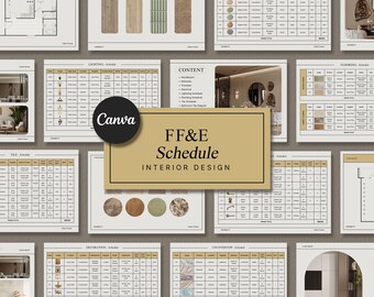 May include: A digital document with a beige background and a title that reads "FF&E Schedule Interior Design". The document is divided into sections with headings such as "Material Board", "Paint", "Tile", "Lighting", "Content", "Flooring", "Decorations", and "Countertop". Each section contains a table with columns for "Design", "Product", "Long Description", "Quantity", "Unit Price", and "Total". The document also includes images of various materials and products.