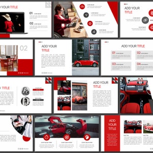 Könnte beinhalten: Eine Präsentationsvorlage mit einem roten und schwarzen Farbschema. Die Vorlage enthält Bilder von Autos, einer Frau, die an einem Laptop arbeitet, und einem roten Auto, das die Straße entlangfährt. Die Vorlage enthält auch Textfelder für Titel und Aufzählungszeichen.