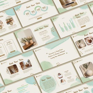 May include: A presentation template with a light brown background and green watercolor accents. The template features a variety of slides with different layouts, including a title slide, a slide with a chart, a slide with a quote, and a slide with a photo of a vase with flowers. The text on the slides is in a simple, modern font.