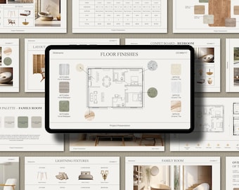May include: A digital mockup of an interior design project. The image shows a floor plan with different room layouts, material boards, and a shopping list. The floor plan is labeled "Floor Finishes" and shows a kitchen, office, and living room. The material boards show different flooring options, including ceramic tile and wood. The shopping list includes items such as furniture, lighting, and decor.