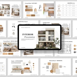 Op de afbeelding: Een digitale presentatie op een tablet, met interieurontwerpconcepten. De presentatie bevat moodboards, keuken- en woonkamerindelingen en materiaalselecties. De titel "INTERIOR Presentation" staat prominent weergegeven.