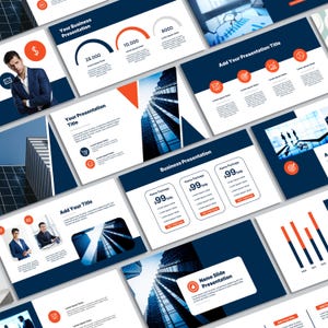 May include: A presentation slide deck with a blue and white color scheme. The slides feature a variety of content, including text, charts, and images. The text on the slides includes the words "Your Business Presentation", "Your Presentation Title", "Add Your Presentation Title", "Business Presentation", "Name Slide Presentation", and "Name Package $99 only".