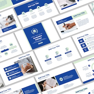 May include: A presentation template for a graduation defense with a blue and green color scheme. The template includes a title slide, a slide with a graduation cap icon, and a slide with a list of bullet points. The text on the slides is "Lorem Ipsum Dolor" and "Add Your Title".