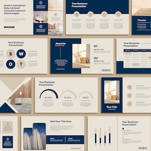 May include: A business presentation template with a blue and beige color scheme. The slides feature various charts, graphs, and text boxes. The template is designed to be used for a variety of business presentations.