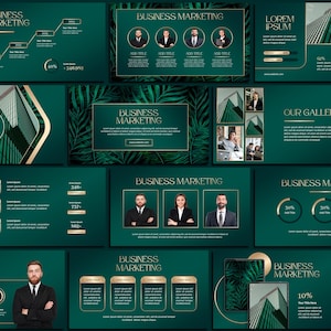 Puede incluir: Una presentación de diapositivas de marketing empresarial con un tema verde oscuro y dorado. Las diapositivas presentan gráficos, diagramas y fotos profesionales. El texto incluye "Business Marketing" y "Lorem Ipsum".