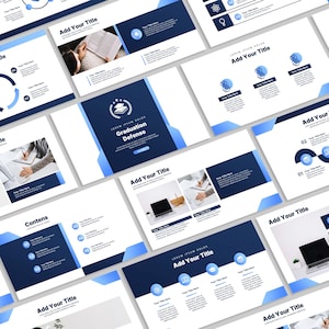 May include: A collection of digital presentation slides with a dark blue and white color scheme. The slides feature text placeholders, icons, and the title "Graduation Defense." The overall theme is academic and professional, suitable for educational or business presentations.